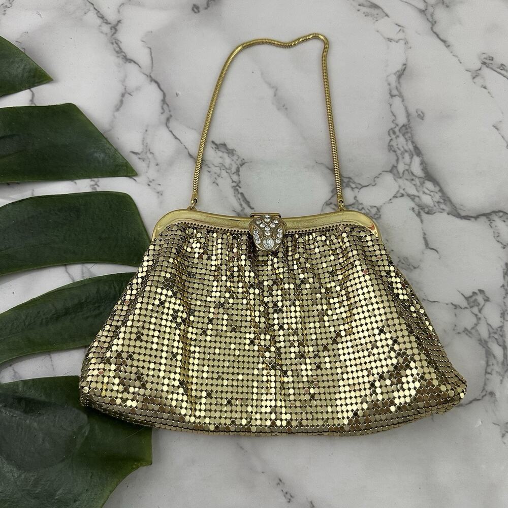 Whiting & Davis Vintage 90s Metal Mesh Clutch Evening Bag Gold Rhinestones Glam